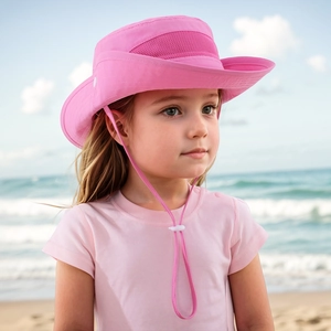 Pink kids sun hat featuring breathable mesh sides and adjustable chin strap for outdoors