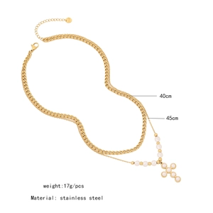 Detail of double-layer golden stainless steel necklace with cross and pearl size data