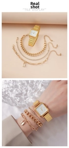 Close-up of golden square watch and layered bracelets on model with water wave effect