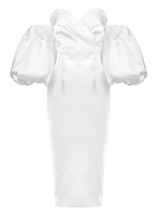 Detail of elegant white off-shoulder satin dress with stylish puff sleeves and sleek texture