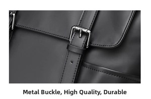 Close-up of matte black leather backpack with silver metal buckle and adjustable strap