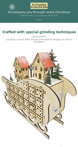 Macro detail of wooden 24-day advent calendar with sleigh design and LED drawers