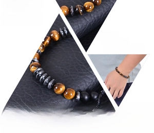 Detail of Morse code bracelet with natural tiger eye beads on adjustable cord