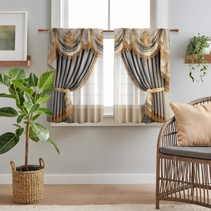 Detail of 3D digital print kitchen curtains with luxury grey and gold patterns and tassels