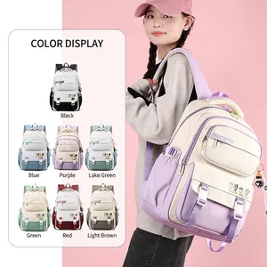 Large Capacity Backpack Waterproof Nylon School Bag For Women Students Trendy Color Block Travel Rucksack Laptop Sleeve