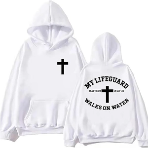 Sweat à capuche blanc avec motif My Lifeguard Walks On Water et verset biblique Matthieu