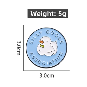 Cartoon Silly Goose Association enamel pin with size and weight measurements on white background