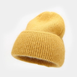 Macro shot of bright yellow knitted hat texture showing soft angora rabbit hair fibers