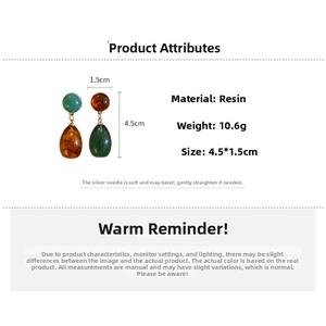 Detail view of asymmetric resin water drop earrings with vintage green and amber tones