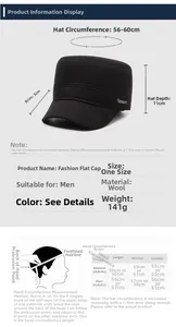 Detailed size chart for men's winter wool flat cap with head circumference measurements