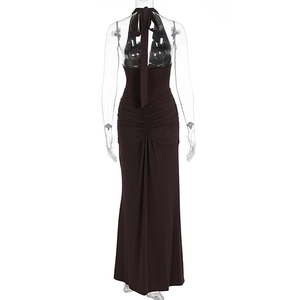Close-up of ruched back detail on an elegant chocolate brown halter backless dress