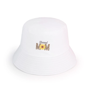 Detail of Blessed MOM leopard print and sunflower embroidery on white cotton bucket hat