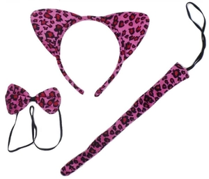 Detailed set of pink leopard print cat ears headband with matching bowtie and plush tail