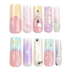 French 3D gradient press-on nails with aurora butterfly and pearls in long coffin shape