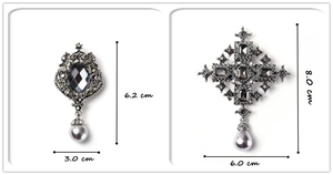 Detailed view showing baroque cross brooches with teardrop pearls and sizing measurements