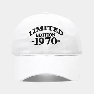 Close-up of black Limited Edition 1970 embroidery on a white washed baseball cap