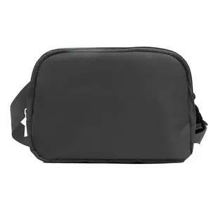 Detail of black sports waist bag featuring durable nylon fabric and secure plastic buckle strap