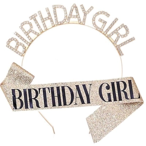 Macro detail of sparkly gold glitter sash and rhinestone Birthday Girl crown headband set