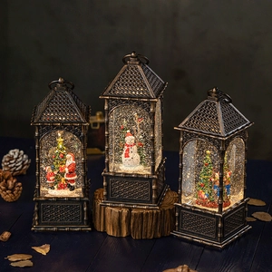 Christmas Snow Globe Music Box Retro Lantern LED Light Up Sparkling Glitter Santa Snowman Scene Vintage Desktop Decoration