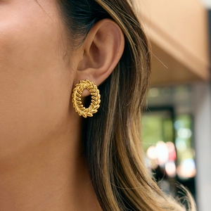 18K gold plated stainless steel laurel leaf wreath stud earrings for women