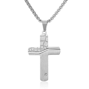 Mens hip hop stainless steel cracked cross pendant necklace with small diamond inlay