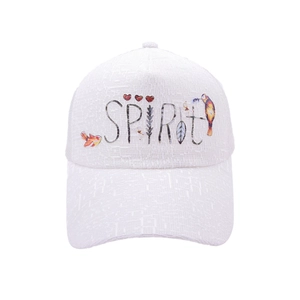 Detailed view of the white baseball cap featuring bohemian SPIRIT letter print and birds