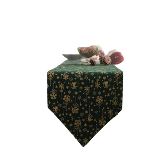 Christmas table runner with gold bell patterns on dark green cotton linen fabric