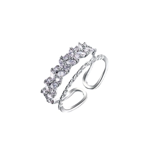 Exquisite silver zircon petal open ring with double-layered elegant crossover design