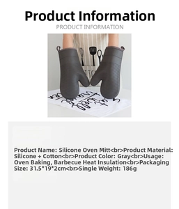 Detail view of thick grey silicone oven gloves with size and weight specifications