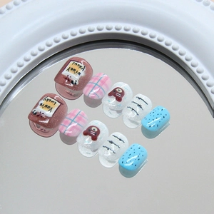 Cute cartoon bear press-on nails set with cat-eye glitter, blue pink plaid and letter art