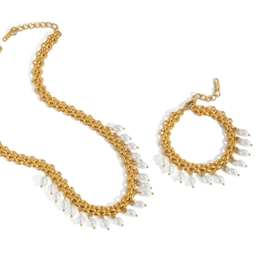 Parure élégante collier et bracelet en acier inoxydable doré 18K avec perles blanches