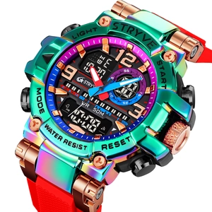 Macro detail of waterproof sports watch featuring colorful metal bezel and red rubber strap