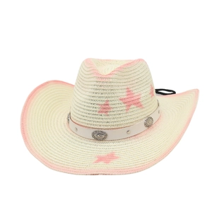 Straw western cowboy hat in cream and pink with star pattern and metal buckle