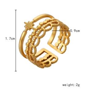 Three-layer gold-plated stainless steel open ring with star and wave patterns, 1.7cm height
