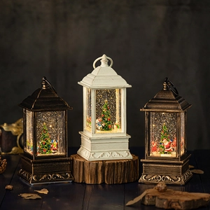 Christmas Snow Globe Lantern Music Box Swirling Glitter LED Night Light Retro Plastic Holiday Home Decor Santa Snowman