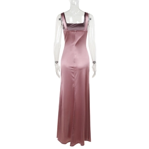 Detail of mauve satin backless dress showing thin straps and invisible zipper closure