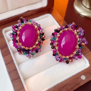 Vintage Rose Red Oval Earrings With Alloy Acrylic Beads And 925 Sterling Silver Earring Post Retro Luxury For Women