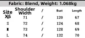 Size chart detail for faux fur vest showing shoulder width, bust, and length measurements