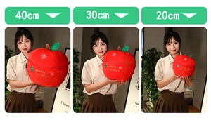 Detailed size comparison of red apple plush pillows in 20cm, 30cm, and 40cm dimensions