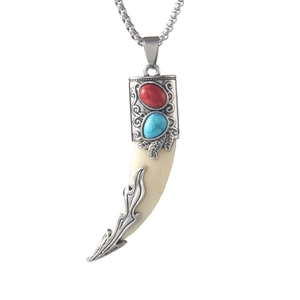 Ethnic faux wolf tooth necklace with turquoise and red stones on silver bead chain