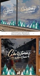 Détails d'autocollants de Noël pour vitres avec sapins verts, rennes et texte festif