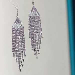 Elegant purple crystal fan-shaped tassel earrings with long dangling zircon chains