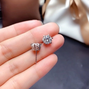 Detailed view of classic six-prong solitaire stud earrings with brilliant round cut stones