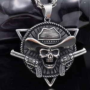Gothic skull pendant with cowboy hat and revolvers on a stainless steel Cuban chain