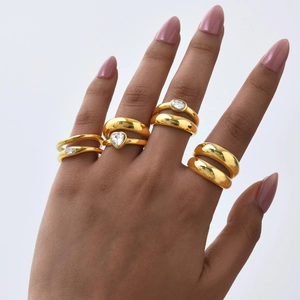 Ladies Minimalist Stainless Steel Zirconia Ring Double Layer Heart Geometric Trendy Jewelry Ring For Women Gold Plated Gift