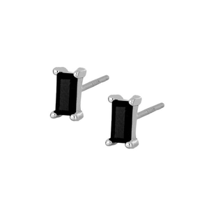 Detailed view of S925 silver stud earrings featuring black rectangular stones and S925 stamp
