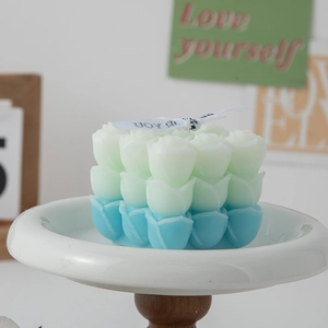 Blue gradient rose flower cube scented candle set on white tray for home decor
