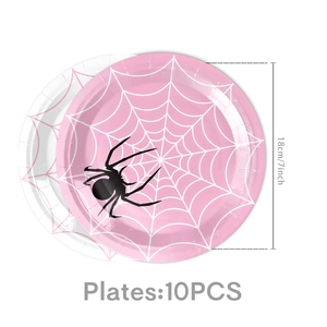 Pink and white spider web paper plates, 7-inch 10-piece set for Halloween party decor