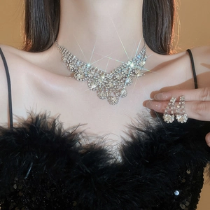 Luxury rhinestone necklace and fringe earring set for elegant bridal or evening wear