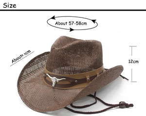 Brown woven cowboy hat size details showing 8.5cm brim and 57-58cm head circumference